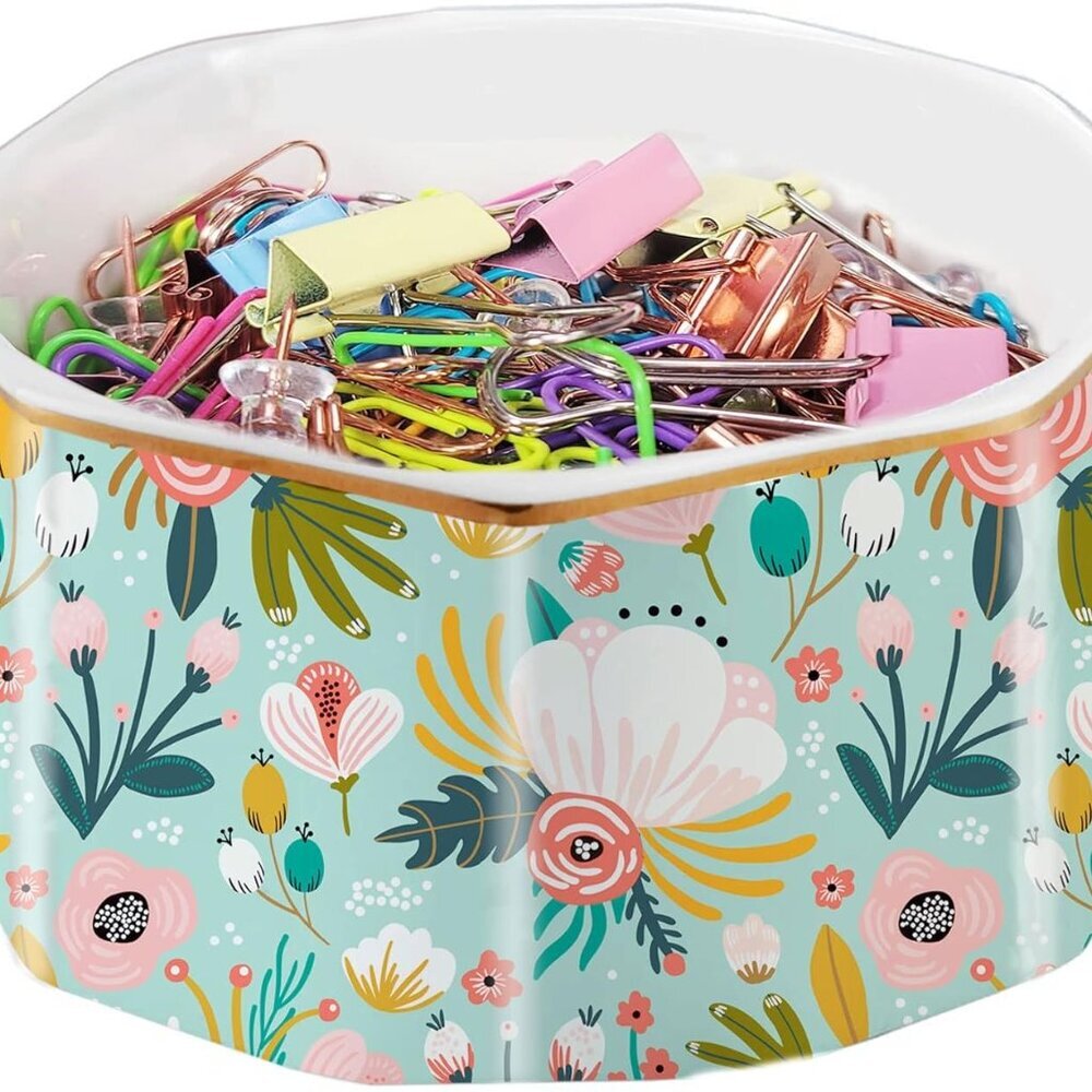 Ceramic Paper Clip Holder Gold Line Paper Clip Dispenser Organizer for Desk Cute